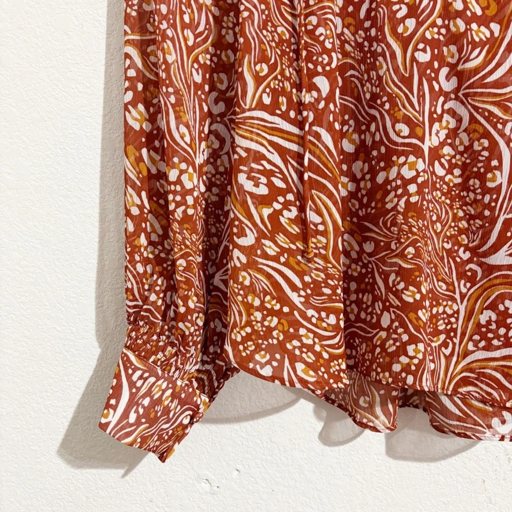 Anthropologie Sheer Printed Peasant Blouse in Orange &‎ White Abstract Print